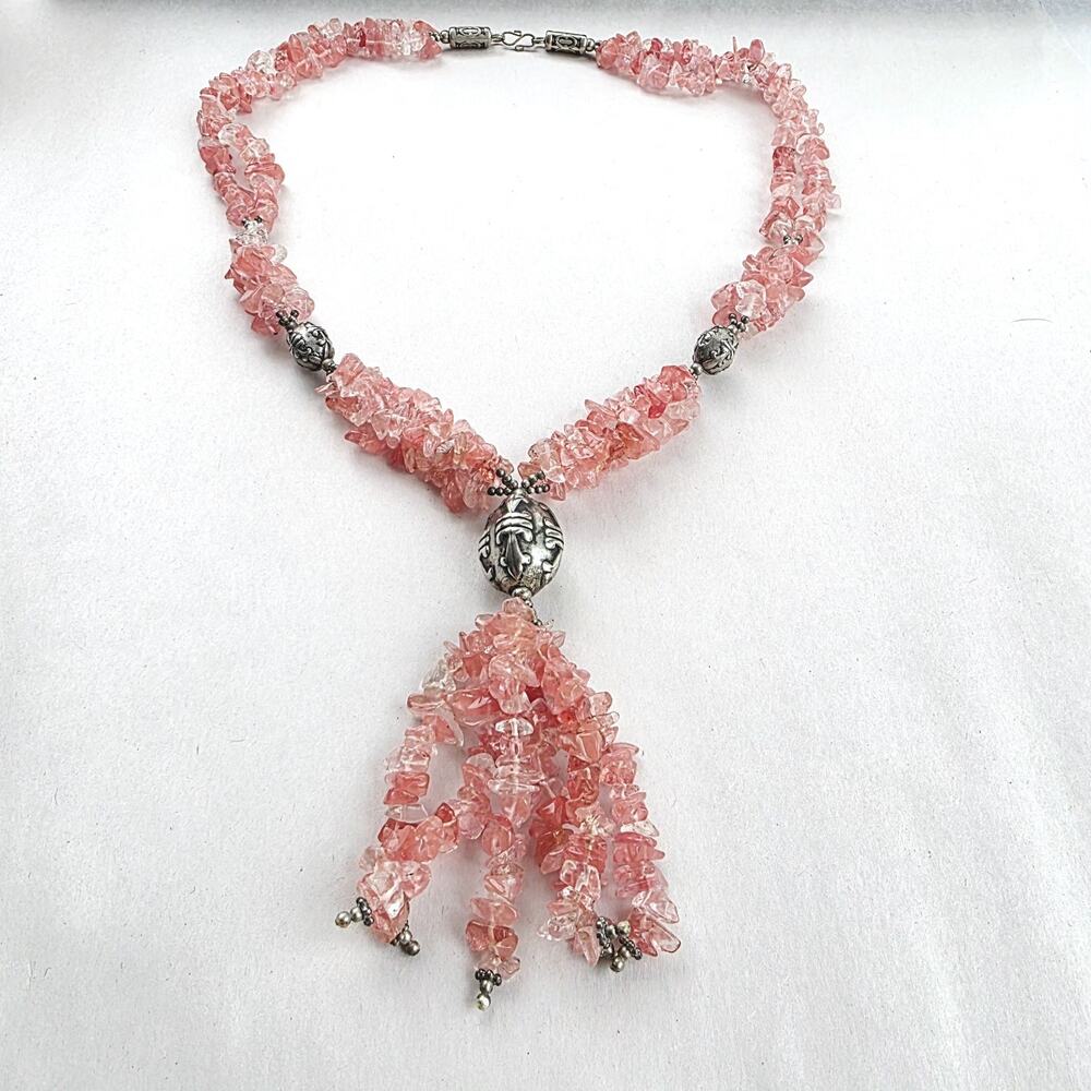 Hand Made Artisan necklace Cherry Quartz Stone Artsy beach fairy Bohemian Asian